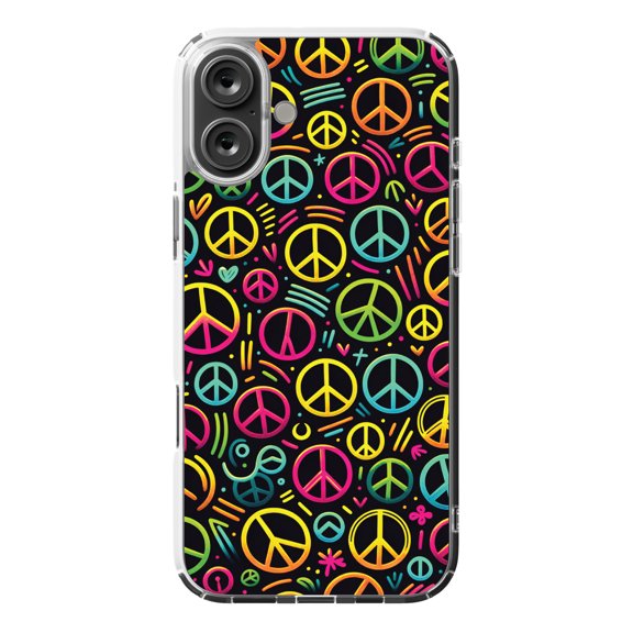 DistinctInk Hybrid Case for iPhone 16 PLUS - Slim, Durable, Compatible with MagSafe Charging - Luminous Harmony: Cartoon-like Peace Sign Pattern