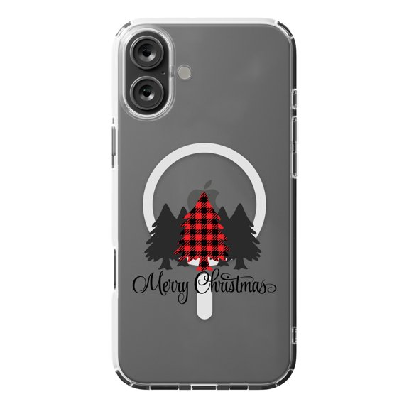 DistinctInk MagSafe Clear Case for Apple iPhone 16 Plus (6.7" Screen) - Merry Christmas Plaid Tree - Tempered Glass Back