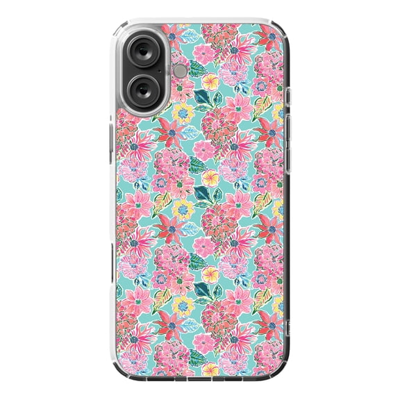 DistinctInk MagSafe Clear Case for Apple iPhone 16 Plus (6.7" Screen) - Pink Flowers on Teal Background - Lightweight Grip