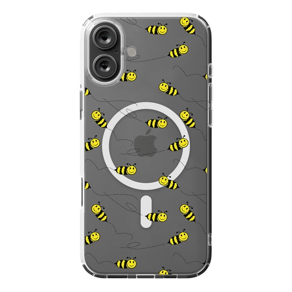 DistinctInk MagSafe Clear Case for Apple iPhone 16 Plus (6.7" Screen) - Repeating Bumble bees - Lightweight Grip