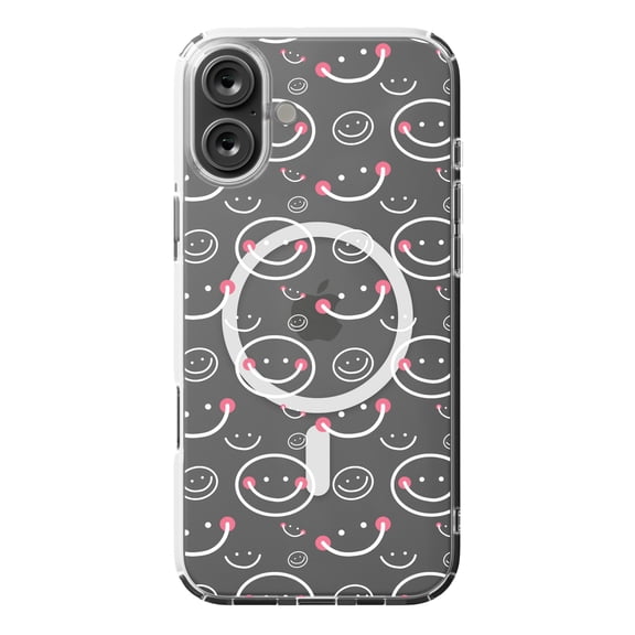 DistinctInk Hybrid Case for iPhone 16 PLUS - Slim, Durable, Compatible with MagSafe Charging - White Pink Smiley Happy Faces
