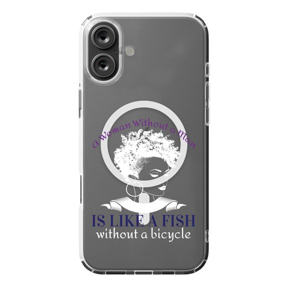 DistinctInk MagSafe Clear Case for Apple iPhone 16 Plus (6.7" Screen) - Woman Without Man Like Fish Without Bike - Slim Profile Design