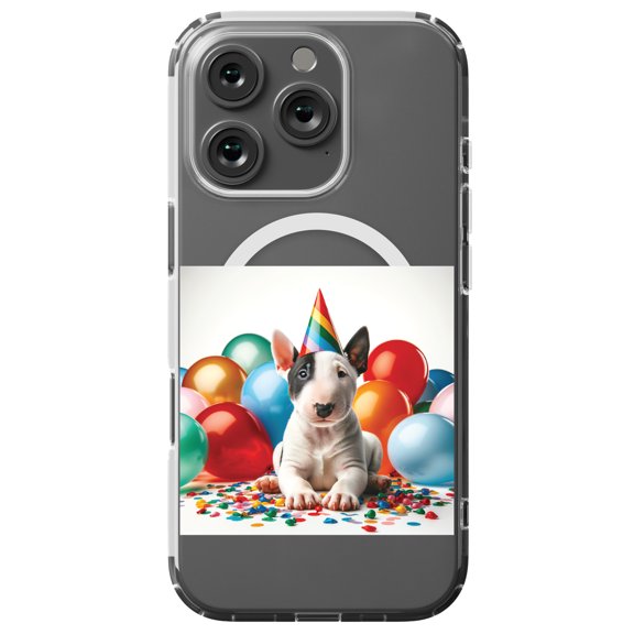 DistinctInk MagSafe Clear Case for Apple iPhone 16 Pro (6.3" Screen) - Birthday Miniature Bull Terrier puppy - Wireless Charging Compatible