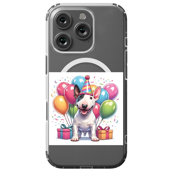 DistinctInk MagSafe Clear Case for Apple iPhone 16 Pro (6.3" Screen) - Birthday Miniature Bull Terrier - Slim Profile Design
