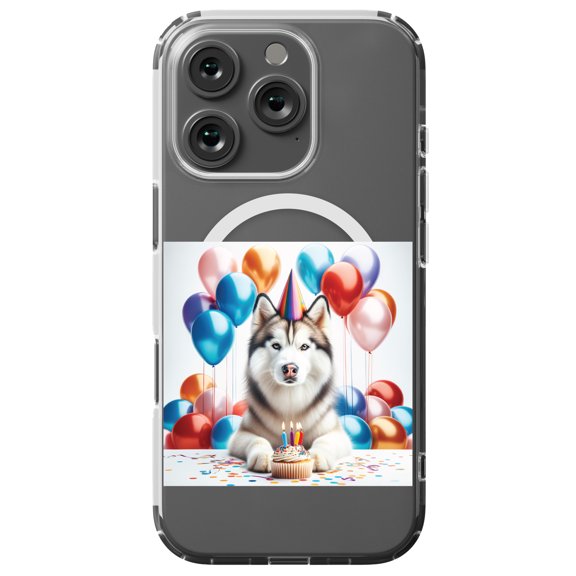 DistinctInk MagSafe Clear Case for Apple iPhone 16 Pro (6.3" Screen) - Birthday Siberian Huskie - Slim Profile Design