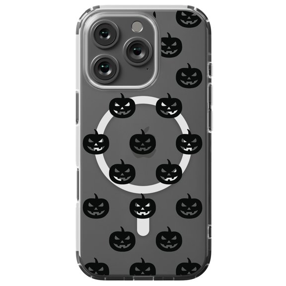 DistinctInk MagSafe Clear Case for Apple iPhone 16 Pro (6.3" Screen) - Black Jack O Lantern Pumpkin Pattern - Shockproof Protection