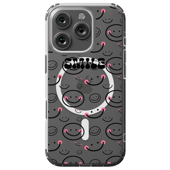 DistinctInk Hybrid Case for iPhone 16 PRO - Slim, Durable, Compatible with MagSafe Charging - Black Pink Smile Happy Faces