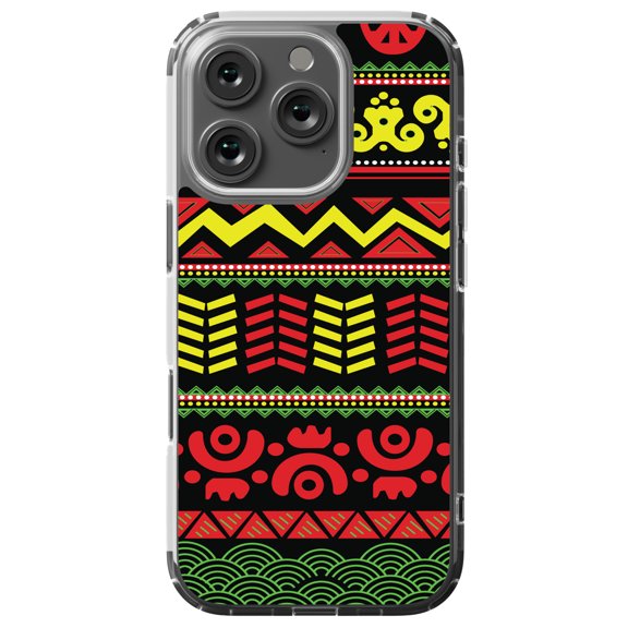 DistinctInk Hybrid Case for iPhone 16 PRO - Slim, Durable, Compatible with MagSafe Charging - Black Yellow Red Aztec Tribal