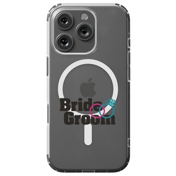 DistinctInk Hybrid Case for iPhone 16 PRO - Slim, Durable, Compatible with MagSafe Charging - Bride & Groom Wedding Rings