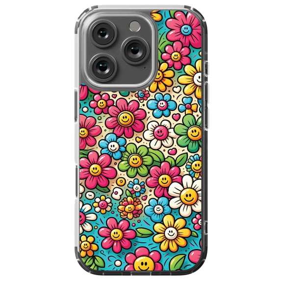 DistinctInk MagSafe Clear Case for Apple iPhone 16 Pro (6.3" Screen) - Cheerful Smilin' Flowers: A Delightful Pattern - Raised Bezel Screen Guard