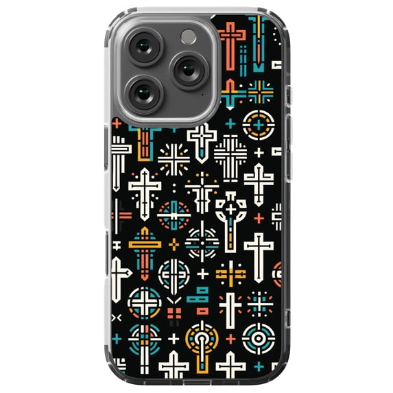 DistinctInk Hybrid Case for iPhone 16 PRO - Slim, Durable, Compatible with MagSafe Charging - Contrasting Christian Crosses in Repetition