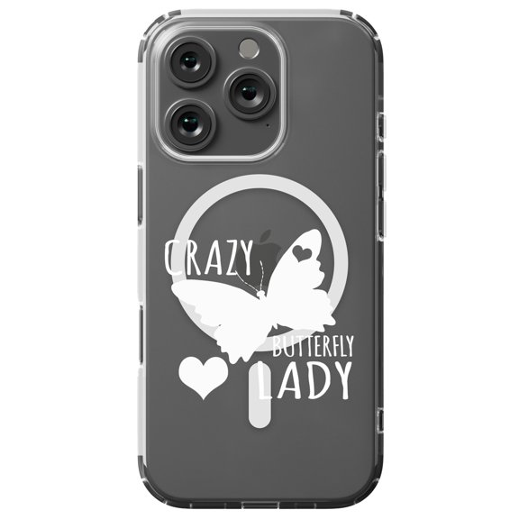 DistinctInk MagSafe Clear Case for Apple iPhone 16 Pro (6.3" Screen) - Crazy Butterfly Lady - Slim Profile Design
