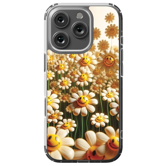 DistinctInk Hybrid Case for iPhone 16 PRO - Slim, Durable, Compatible with MagSafe Charging - Dancing Smiley Daisies: A Floral Delight
