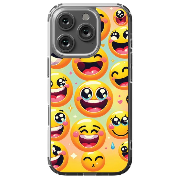 DistinctInk Hybrid Case for iPhone 16 PRO - Slim, Durable, Compatible with MagSafe Charging - Delightful Array: Vibrant Cartoon Smiley Faces