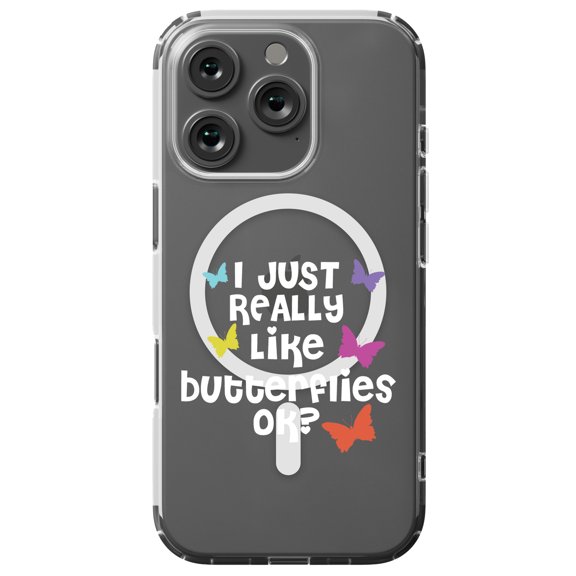 DistinctInk MagSafe Clear Case for Apple iPhone 16 Pro (6.3" Screen) - I Just Really Like Butterflies - Tempered Glass Back