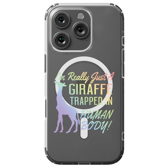 DistinctInk MagSafe Clear Case for Apple iPhone 16 Pro (6.3" Screen) - Just a Giraffe Trapped in a Human Body - Tempered Glass Back
