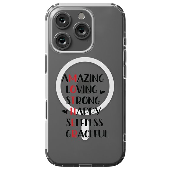 DistinctInk Hybrid Case for iPhone 16 PRO - Slim, Durable, Compatible with MagSafe Charging - Mother Word Art - Amazing, Loving, Strong