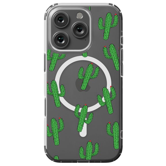 DistinctInk MagSafe Clear Case for Apple iPhone 16 Pro (6.3" Screen) - Repeating Cartoon Cactus - Tempered Glass Back