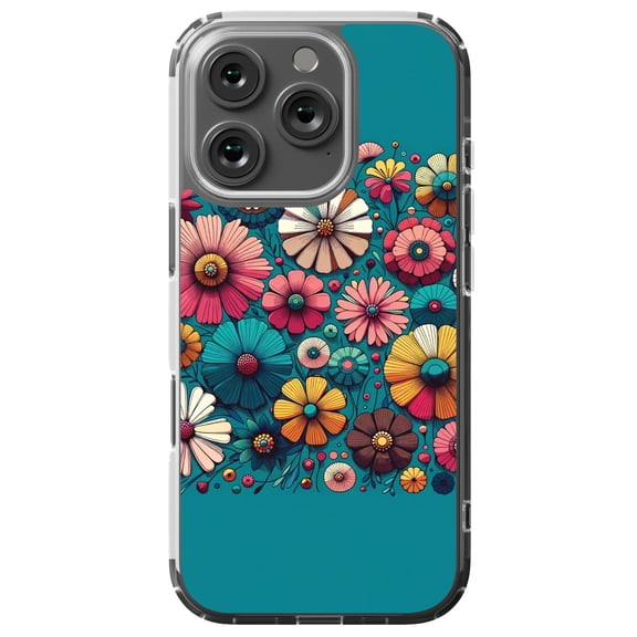 DistinctInk MagSafe Clear Case for Apple iPhone 16 Pro (6.3" Screen) - Vibrant Spring Flowers Against Teal Background - Tempered Glass Back