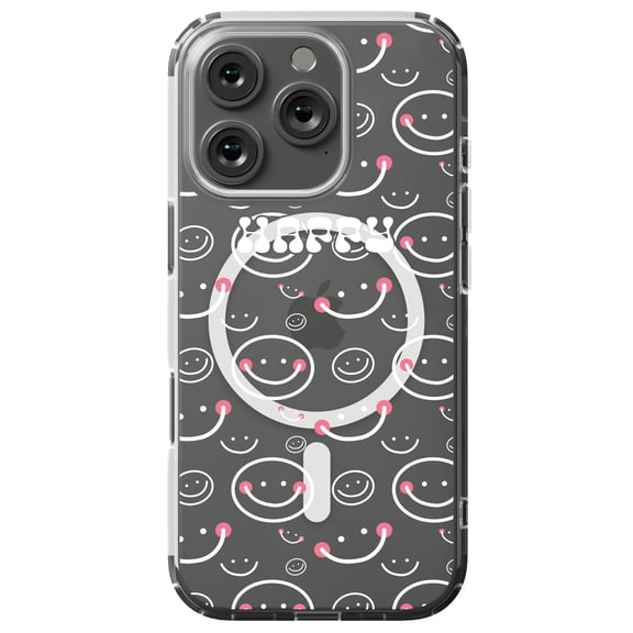 DistinctInk Hybrid Case for iPhone 16 PRO - Slim, Durable, Compatible with MagSafe Charging - White Pink Happy Smiley Faces