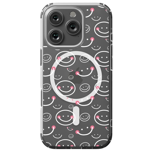 DistinctInk Hybrid Case for iPhone 16 PRO - Slim, Durable, Compatible with MagSafe Charging - White Pink Smiley Happy Faces
