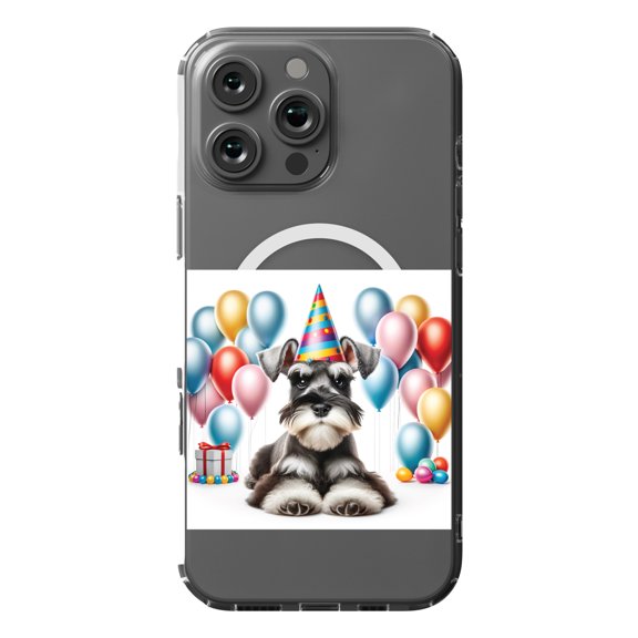 DistinctInk MagSafe Clear Case for Apple iPhone 16 Pro Max (6.9" Screen) - Birthday Miniature Schnauzer puppy - Tempered Glass Back