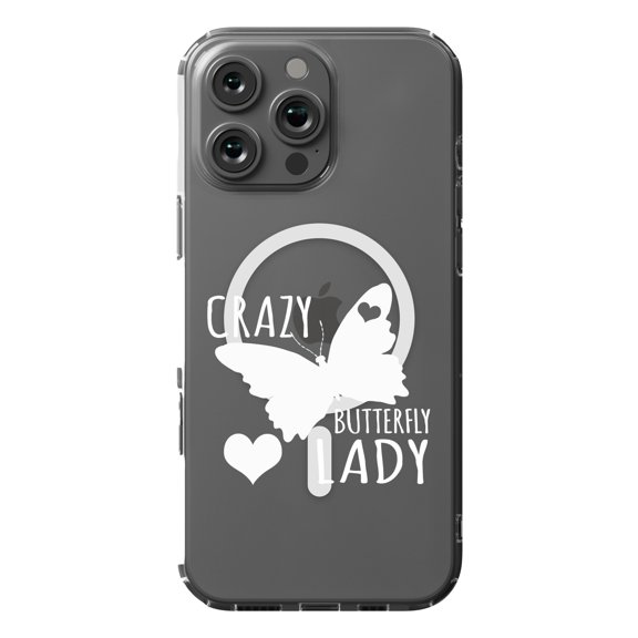 DistinctInk MagSafe Clear Case for Apple iPhone 16 Pro Max (6.9" Screen) - Crazy Butterfly Lady - Tempered Glass Back