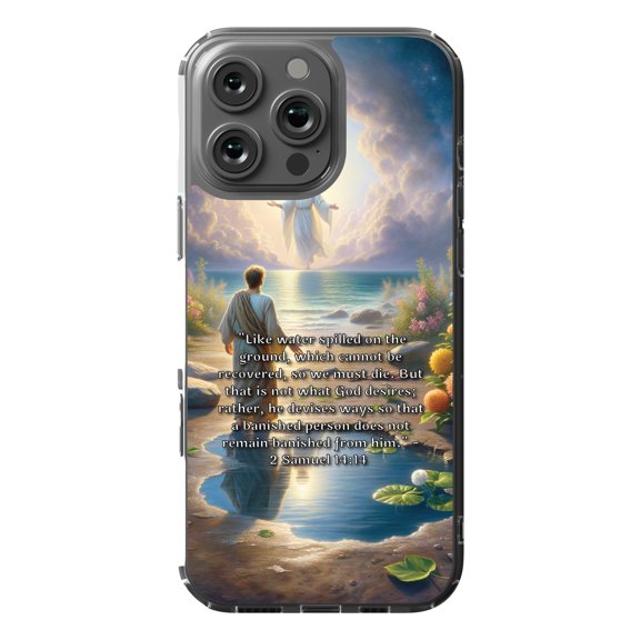 DistinctInk MagSafe Clear Case for Apple iPhone 16 Pro Max (6.9" Screen) - God's Redemption Plan: 2 Samuel 14:14 - Tempered Glass Back