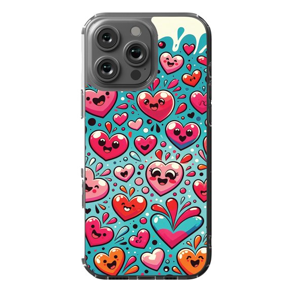 DistinctInk MagSafe Clear Case for Apple iPhone 16 Pro Max (6.9" Screen) - Joyful Symphony: A Lively Cartoon Heart Pattern - Tempered Glass Back