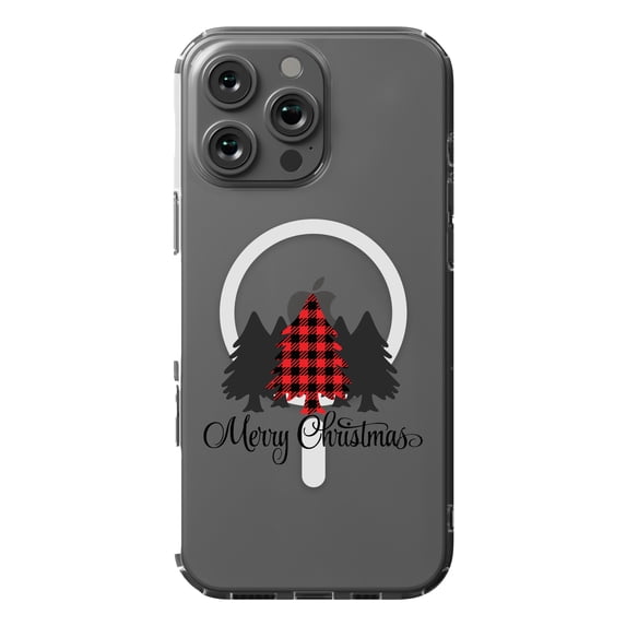 DistinctInk MagSafe Clear Case for Apple iPhone 16 Pro Max (6.9" Screen) - Merry Christmas Plaid Tree - Tempered Glass Back