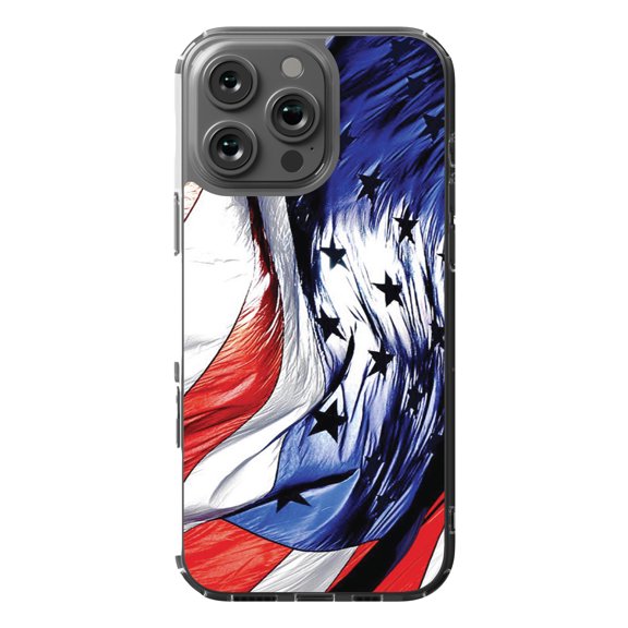 DistinctInk Hybrid Case for iPhone 16 Pro MAX - Slim, Durable, Compatible with MagSafe Charging - Red White Blue United States Flag Waving
