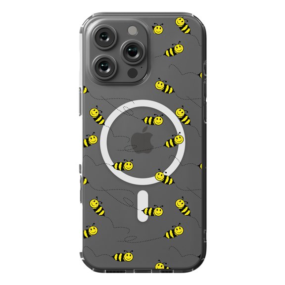 DistinctInk MagSafe Clear Case for Apple iPhone 16 Pro Max (6.9" Screen) - Repeating Bumble bees - Tempered Glass Back