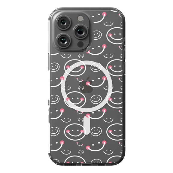 DistinctInk MagSafe Clear Case for Apple iPhone 16 Pro Max (6.9" Screen) - White Pink Smiley Happy Faces - Raised Bezel Screen Guard