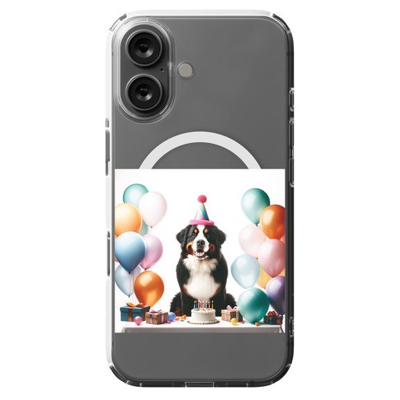 DistinctInk MagSafe Clear Case for Apple iPhone 16 (6.1" Screen) - Birthday Bernese Mountain Dog - Lightweight Grip