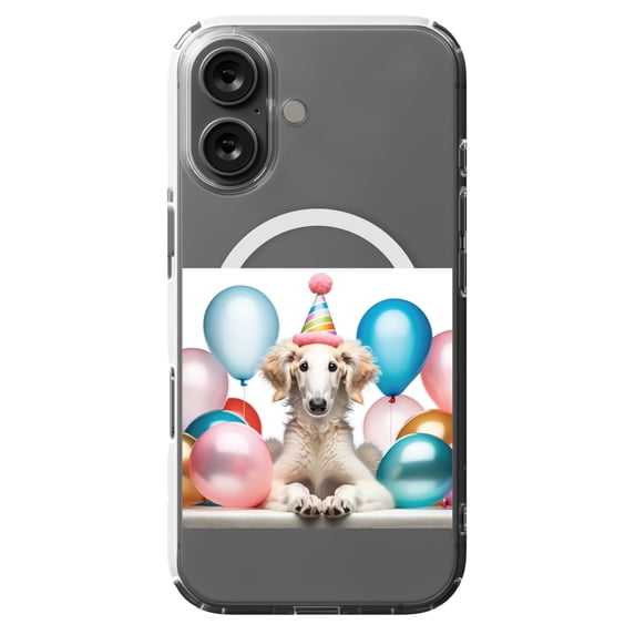 DistinctInk MagSafe Clear Case for Apple iPhone 16 (6.1" Screen) - Birthday Borzoi puppy - Slim Profile Design