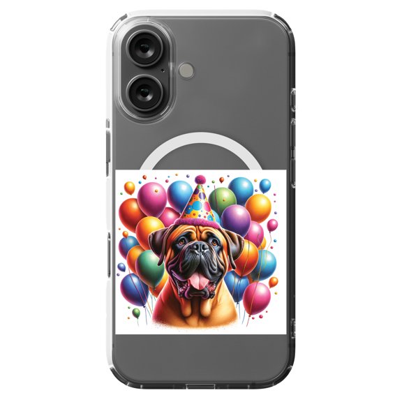 DistinctInk MagSafe Clear Case for Apple iPhone 16 (6.1" Screen) - Birthday Bullmastiff - Tempered Glass Back