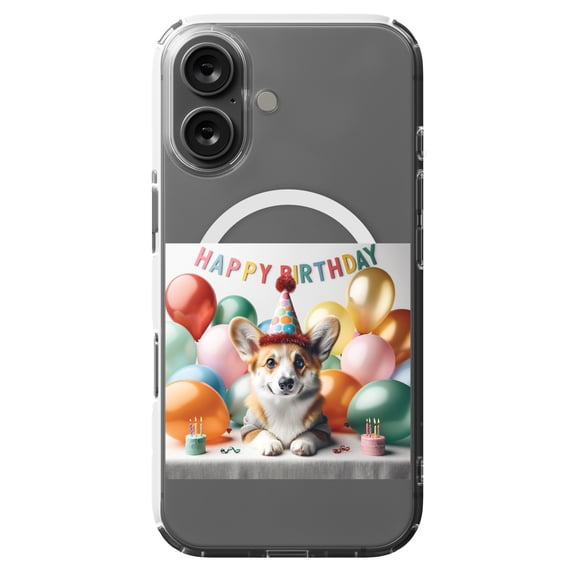 DistinctInk MagSafe Clear Case for Apple iPhone 16 (6.1" Screen) - Birthday Cardigan Welsh Corgi - Shockproof Protection