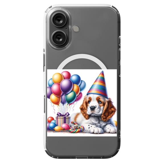 DistinctInk MagSafe Clear Case for Apple iPhone 16 (6.1" Screen) - Birthday Clumber Spaniel puppy - Slim Profile Design