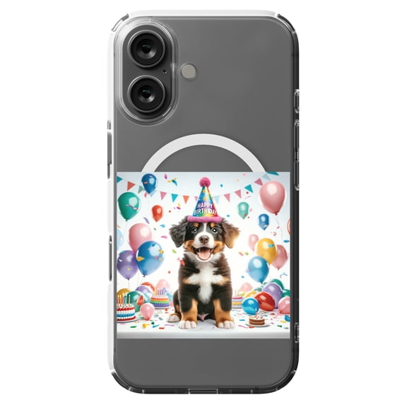 DistinctInk MagSafe Clear Case for Apple iPhone 16 (6.1" Screen) - Birthday Entlebucher Mountain Dog puppy - Lightweight Grip