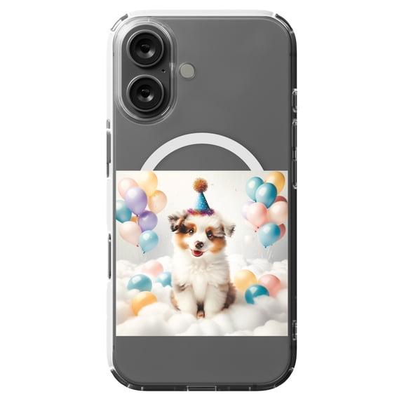 DistinctInk MagSafe Clear Case for Apple iPhone 16 (6.1" Screen) - Birthday Miniature American Shepherd puppy - Shockproof Protection