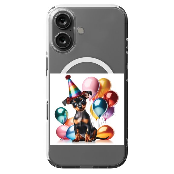 DistinctInk MagSafe Clear Case for Apple iPhone 16 (6.1" Screen) - Birthday Miniature Pinscher puppy - Lightweight Grip