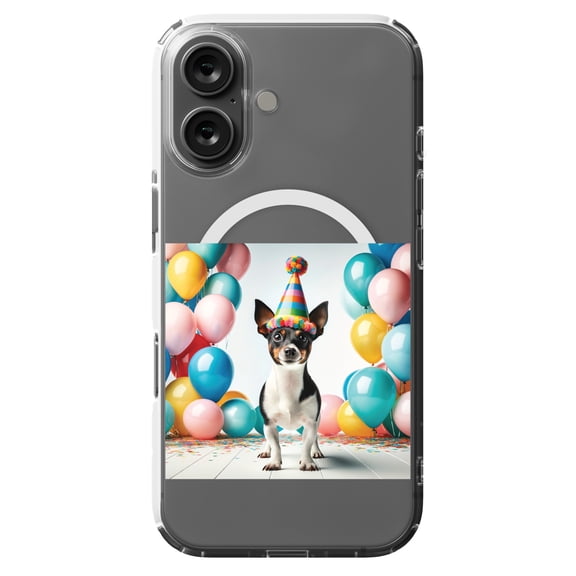 DistinctInk MagSafe Clear Case for Apple iPhone 16 (6.1" Screen) - Birthday Rat Terrier - Lightweight Grip