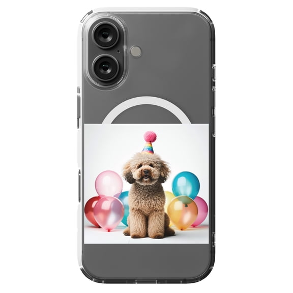 DistinctInk MagSafe Clear Case for Apple iPhone 16 (6.1" Screen) - Birthday Spanish Water Dog - Tempered Glass Back