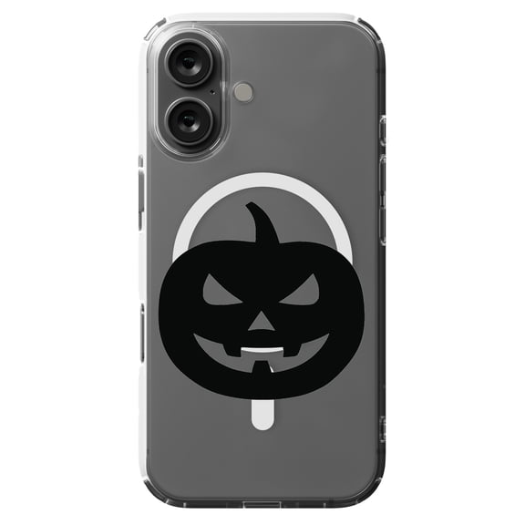 DistinctInk MagSafe Clear Case for Apple iPhone 16 (6.1" Screen) - Black Jack O Lantern Pumpkin Pattern - Tempered Glass Back