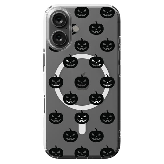 DistinctInk MagSafe Clear Case for Apple iPhone 16 (6.1" Screen) - Black Jack O Lantern Pumpkin Pattern - Lightweight Grip