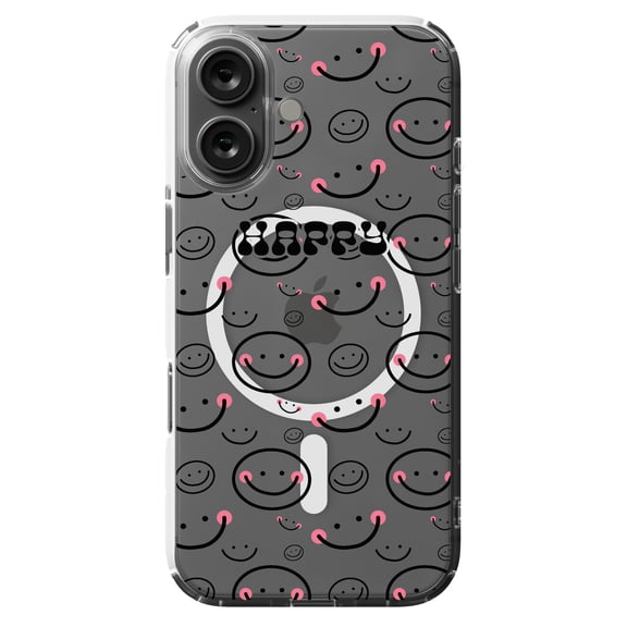 DistinctInk Hybrid Case for iPhone 16 - Slim, Durable, Compatible with MagSafe Charging - Black Pink Happy Smiley Faces