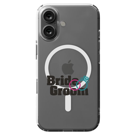 DistinctInk MagSafe Clear Case for Apple iPhone 16 (6.1" Screen) - Bride & Groom Wedding Rings - Raised Bezel Screen Guard