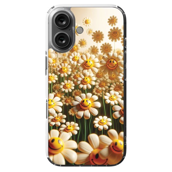DistinctInk Hybrid Case for iPhone 16 - Slim, Durable, Compatible with MagSafe Charging - Dancing Smiley Daisies: A Floral Delight