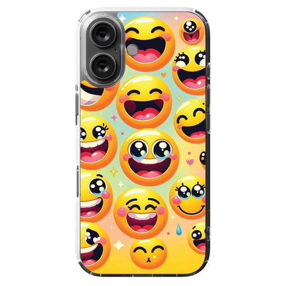 DistinctInk Hybrid Case for iPhone 16 - Slim, Durable, Compatible with MagSafe Charging - Delightful Array: Vibrant Cartoon Smiley Faces