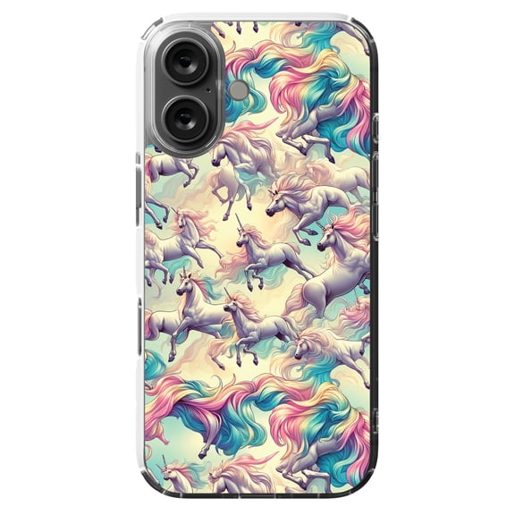 DistinctInk MagSafe Clear Case for Apple iPhone 16 (6.1" Screen) - Enchanting Unicorn Prance: A Majestic Rainbow Pattern - Tempered Glass Back